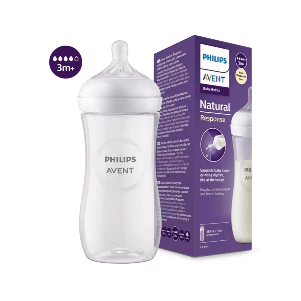 Biberón Philips Avent Natural Response de 330ml, transparente, con tetina de flujo 3m+. Ideal para lactancia mixta.