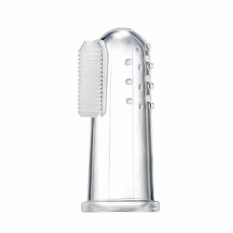 Cepillo de dedo Chikikitos de silicona transparente para bebés con cerdas suaves y relieves para masaje de encías.
