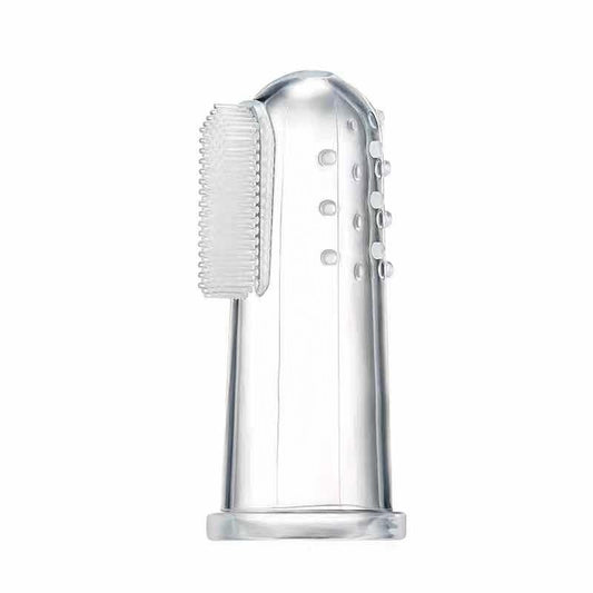 Cepillo de dedo Chikikitos de silicona transparente para bebés con cerdas suaves y relieves para masaje de encías.