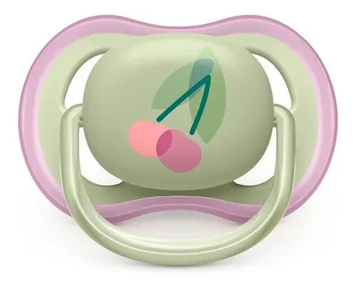 Chupete Chikikitos de silicona verde menta con diseño de cerezas, tetina simétrica para bebés de 0-6 meses.