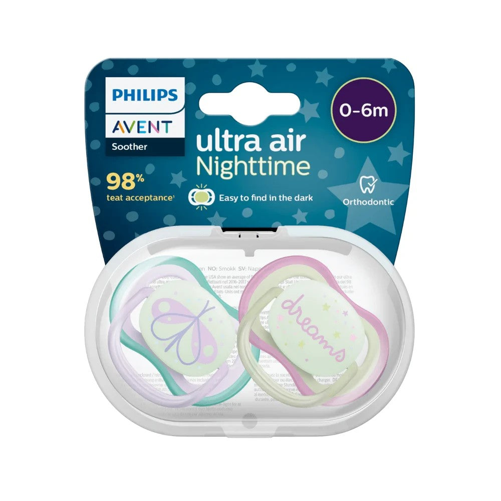 Set de 2 chupetes ortodónticos Philips Avent ultra air de Chikikitos, brillan en la oscuridad, silicona, 0-6 meses.