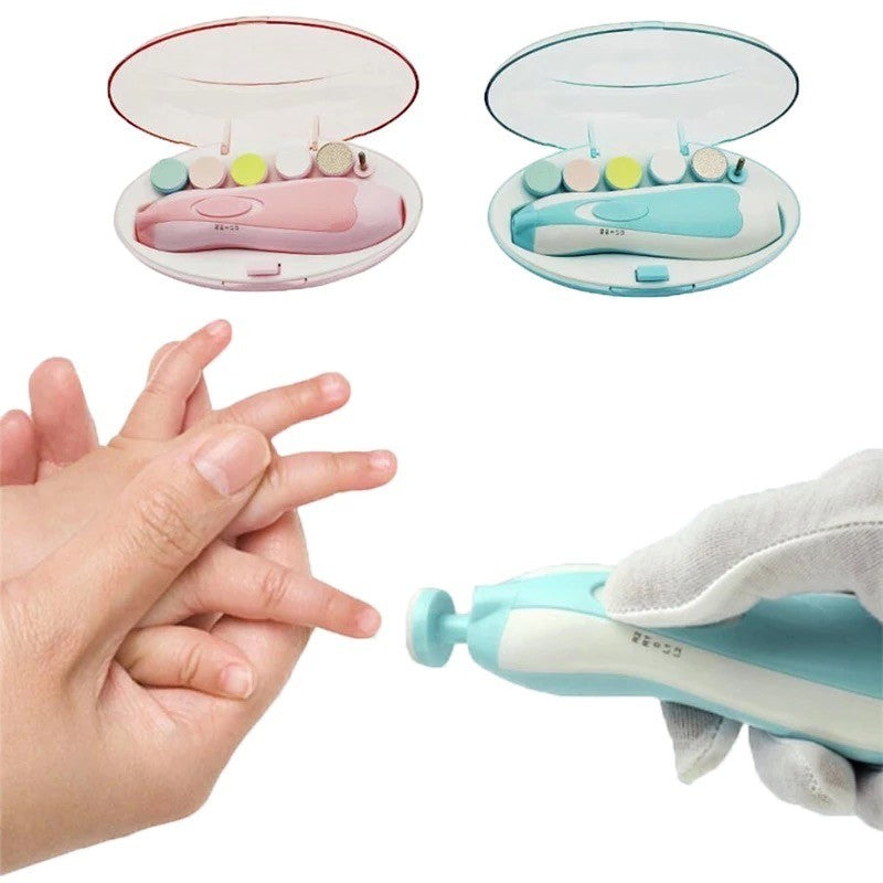 Lima eléctrica para uñas de bebé Chikikitos con cabezales intercambiables, luz LED y estuche de viaje en rosa y azul.