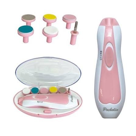 Lima eléctrica para uñas de bebé Chikikitos en color rosa y blanco con cabezales intercambiables y estuche protector.