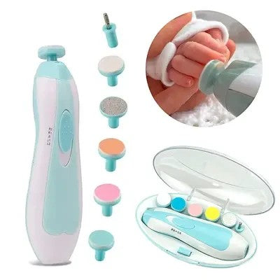 Lima eléctrica para uñas de bebé Chikikitos con cabezales intercambiables, luz LED y estuche de viaje en tonos pastel.