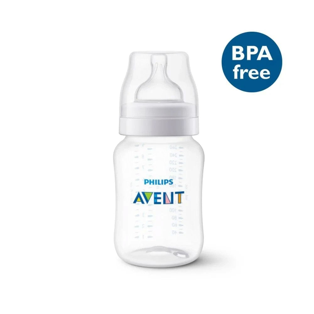 Mamadera anticólicos transparente de 260ml de Philips Avent con tetina de flujo natural y medidor. Libre de BPA.