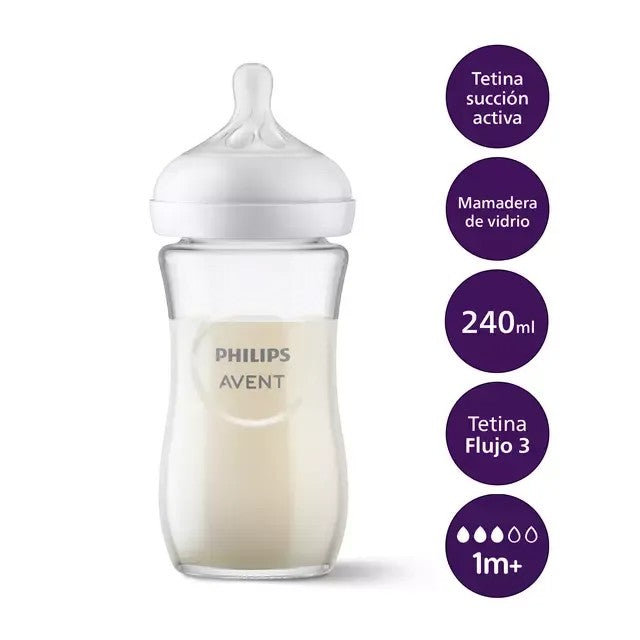 Chikikitos Mamadera de vidrio Philips Avent 240ml con tetina de succión activa flujo 3, ideal para bebés de 1 mes+