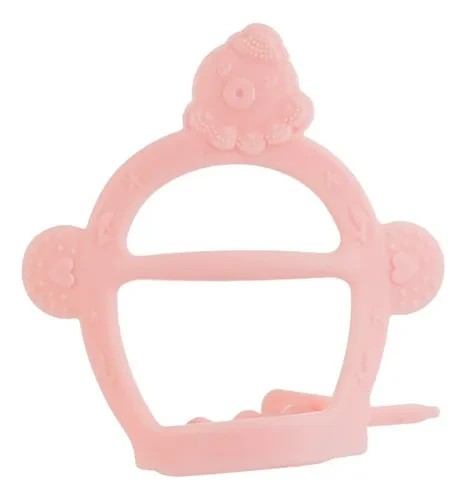 Mordedor de silicona Chikikitos para bebés en color rosa con forma de mono y texturas para aliviar la dentición.