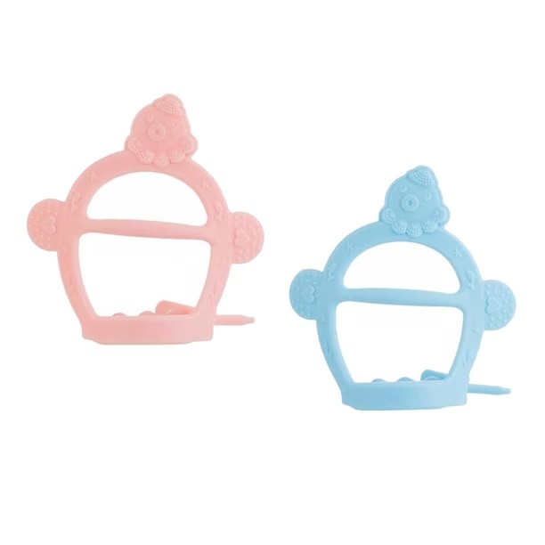 Mordedores de silicona Chikikitos con forma de mono en colores rosa y azul, ideales para aliviar la dentición del bebé.