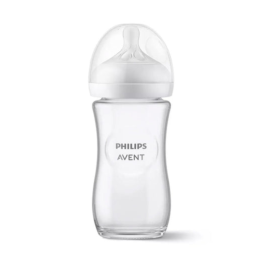 Chikikitos: Mamadera de vidrio Philips Avent de 240ml con tetina de flujo 3 para bebés de 1 mes. Diseño ergonómico y fácil de limpiar.