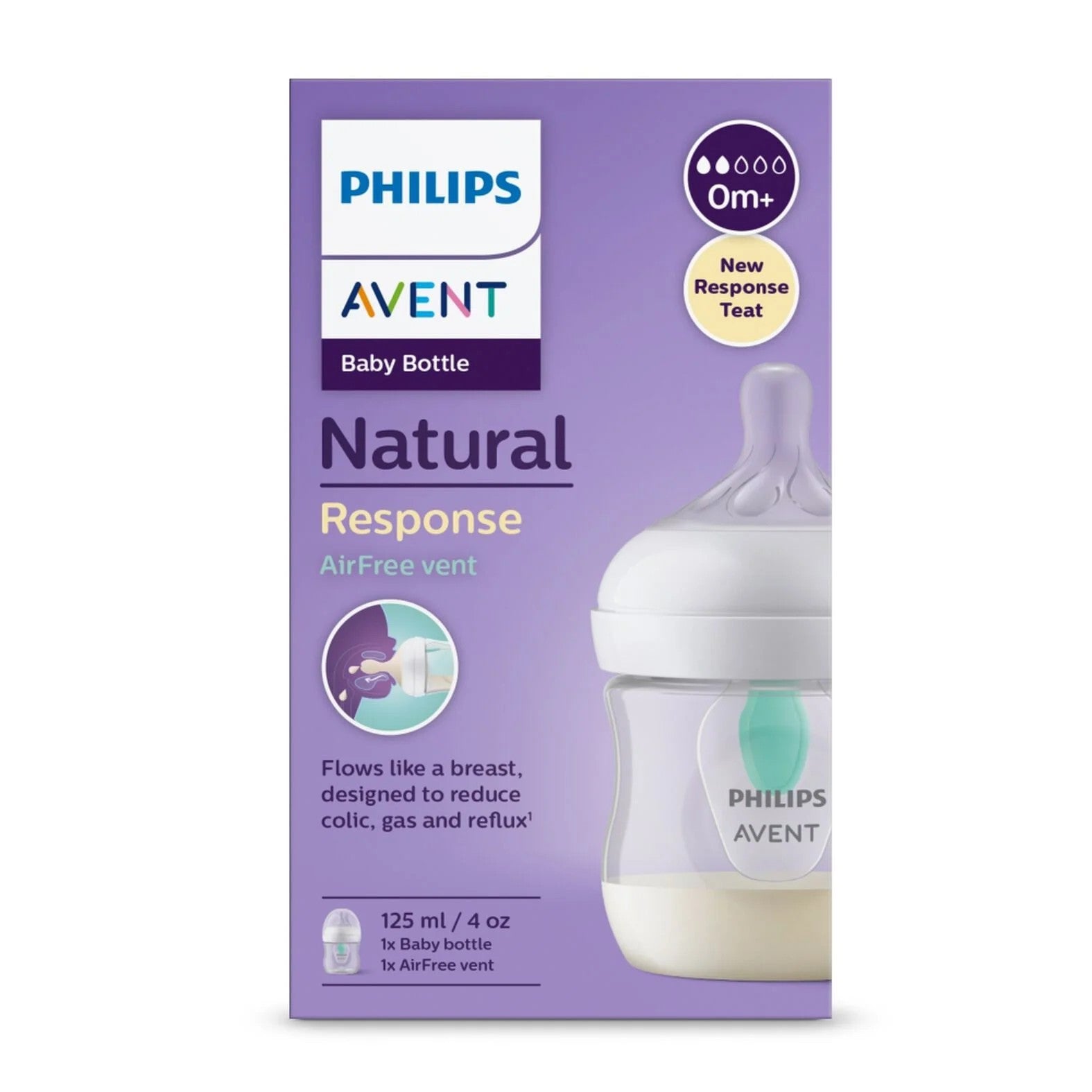 Biberón Philips Avent Natural de 125 ml con tetina de flujo para recién nacidos y válvula anticólicos. Polipropileno libre de BPA.