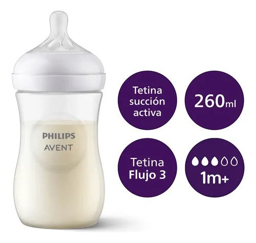 Biberón Philips Avent Natural blanco de 260 ml con tetina de flujo 3 para bebés de 1 mes+, libre de BPA.
