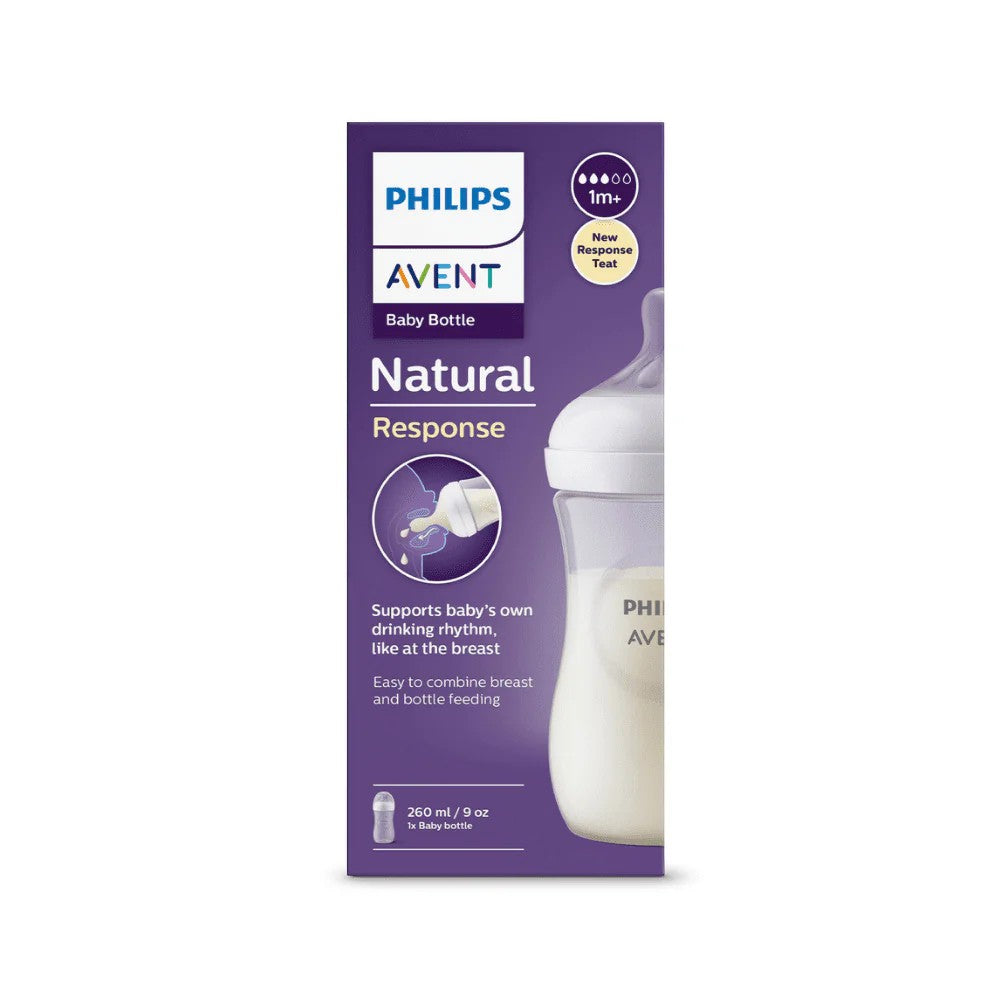 Biberón Philips Avent Natural Response de 260 ml en blanco, con tetina anticólicos y ergonómico para bebés a partir de 1 mes. Chikikitos.