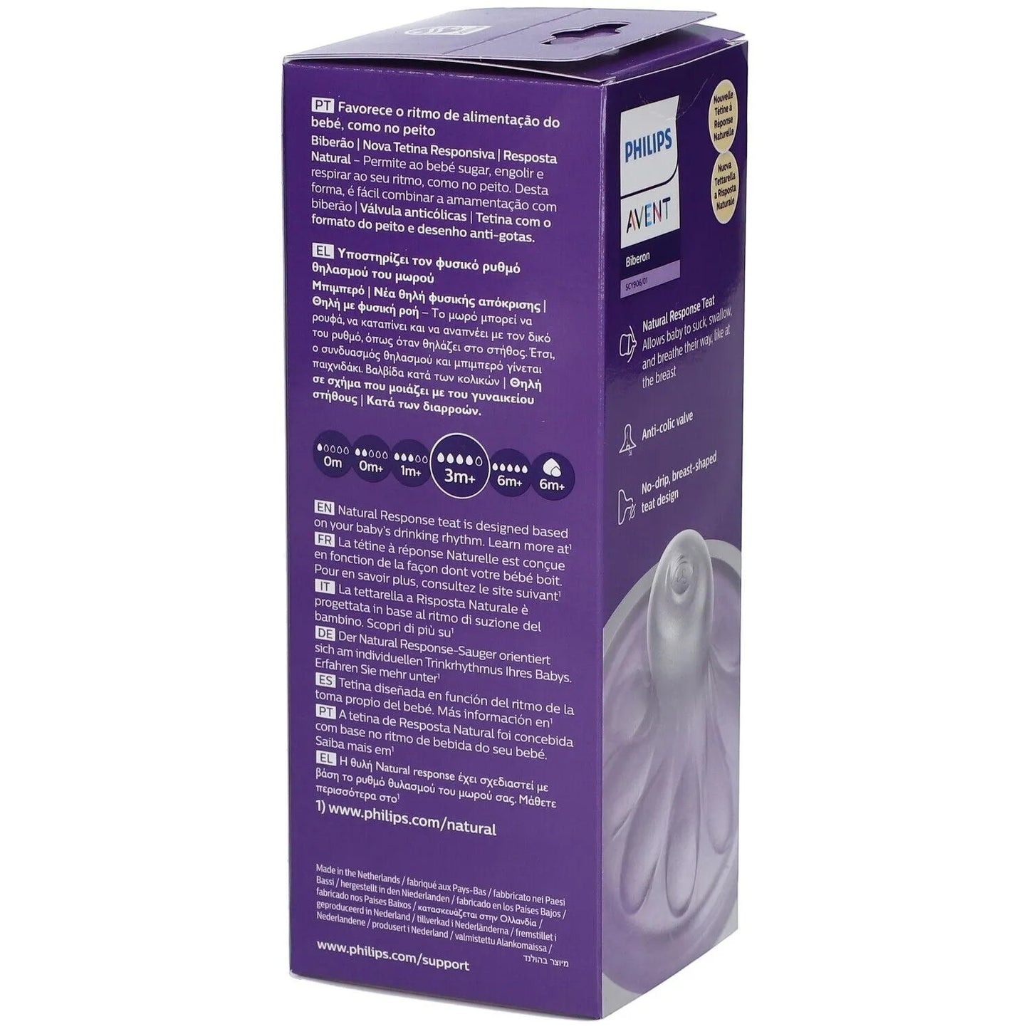 Tetina Philips Avent Natural Response para bebés de 3m+, flujo 3, anticólicos, diseño imita lactancia materna, 330ml.